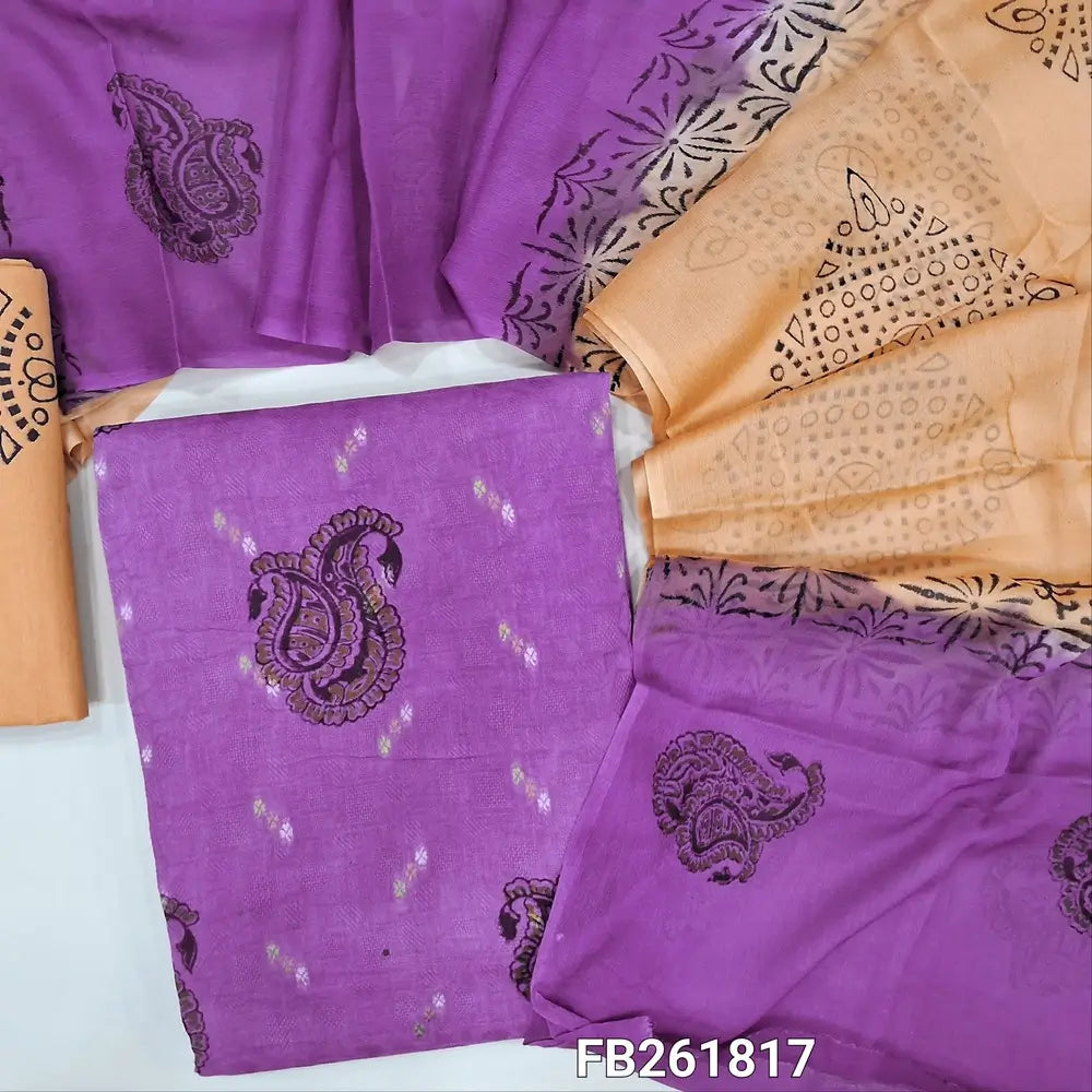 Mauve shade pure jakard cotton unstitched salwar material,block printed and thread woven allover,peach printed cotton bottom, block printed dual shade chiffon dupatta.(over lapping of prints are not considered as a defect)TAPING NEEDED. FB261817