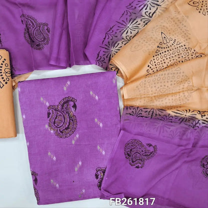 Mauve shade pure jakard cotton unstitched salwar material,block printed and thread woven allover,peach printed cotton bottom, block printed dual shade chiffon dupatta.(over lapping of prints are not considered as a defect)TAPING NEEDED. FB261817