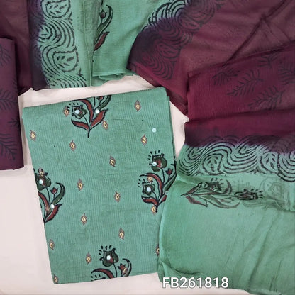 Cement green pure jakard cotton unstitched salwar material,block printed and thread woven allover,maroon printed cotton bottom, block printed dual shade chiffon dupatta.(over lapping of prints are not considered as a defect)TAPING NEEDED. FB261818