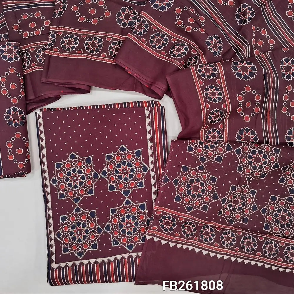Dark maroon pure cotton unstitched salwar material(lining optional)ajrak printed yoke with zari work, vertical printed all over, printed cotton bottom, printed full length mul cotton dupatta. FB261808