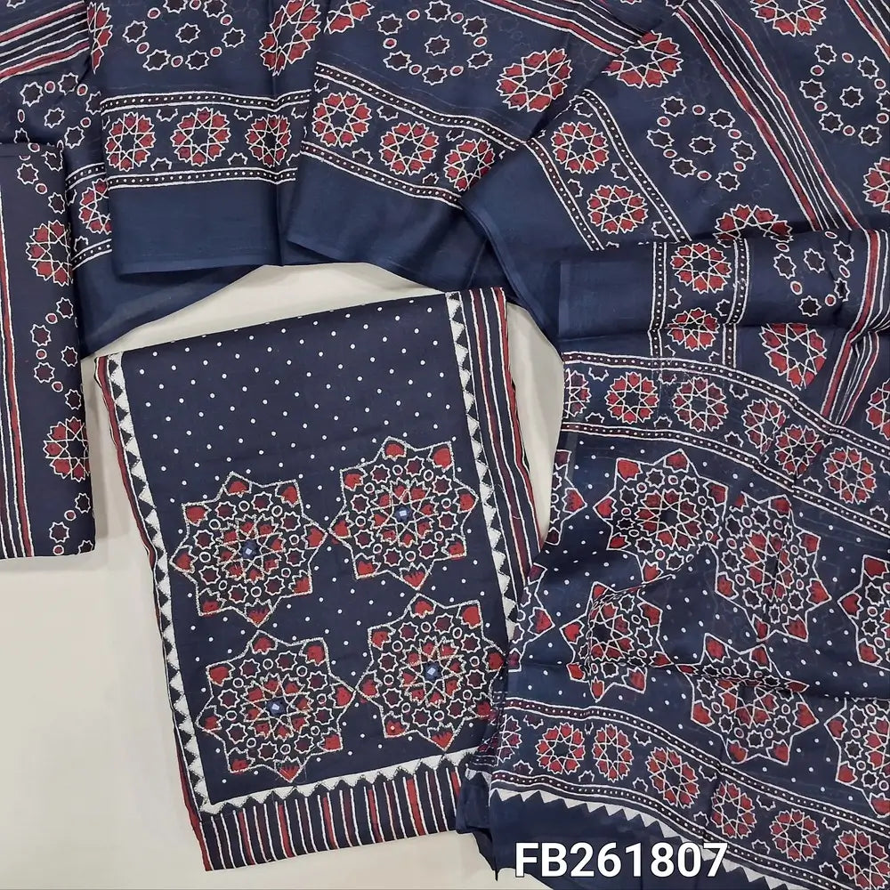 Dark blue pure cotton unstitched salwar material(lining optional)ajrak printed yoke with zari work, vertical printed all over, printed cotton bottom, printed full length mul cotton dupatta. FB261807