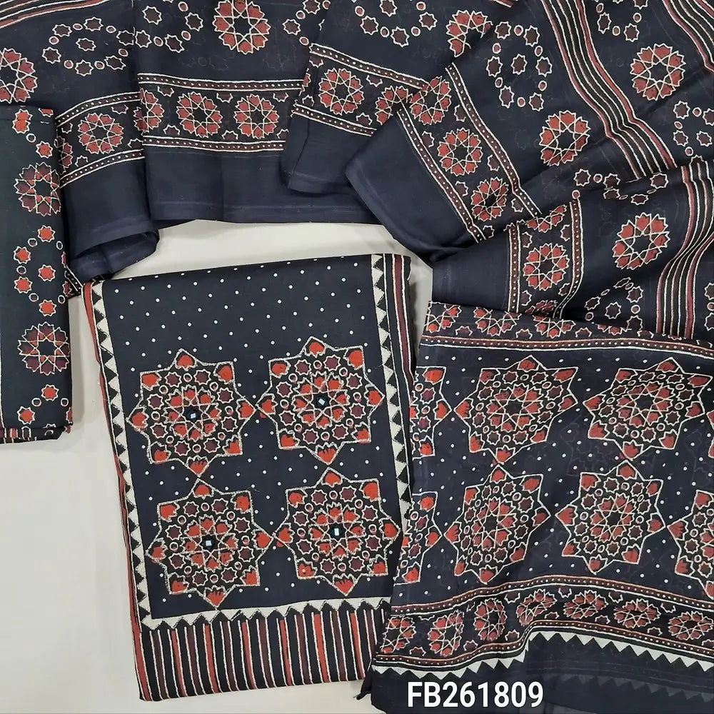 Black pure cotton unstitched salwar material(lining optional)ajrak printed yoke with zari work, vertical printed all over, printed cotton bottom, printed full length mul cotton dupatta. FB261809
