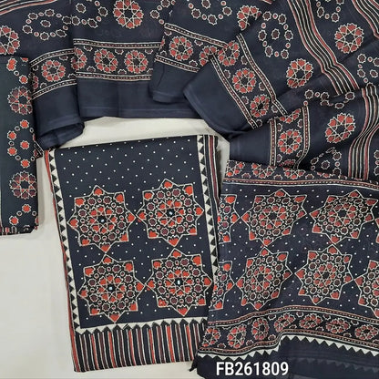 Black pure cotton unstitched salwar material(lining optional)ajrak printed yoke with zari work, vertical printed all over, printed cotton bottom, printed full length mul cotton dupatta. FB261809