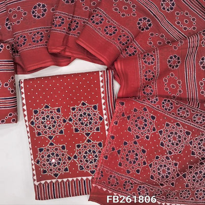 Reddish maroon pure cotton unstitched salwar material(lining optional)ajrak printed yoke with zari work, vertical printed all over, printed cotton bottom, printed full length mul cotton dupatta. FB261806
