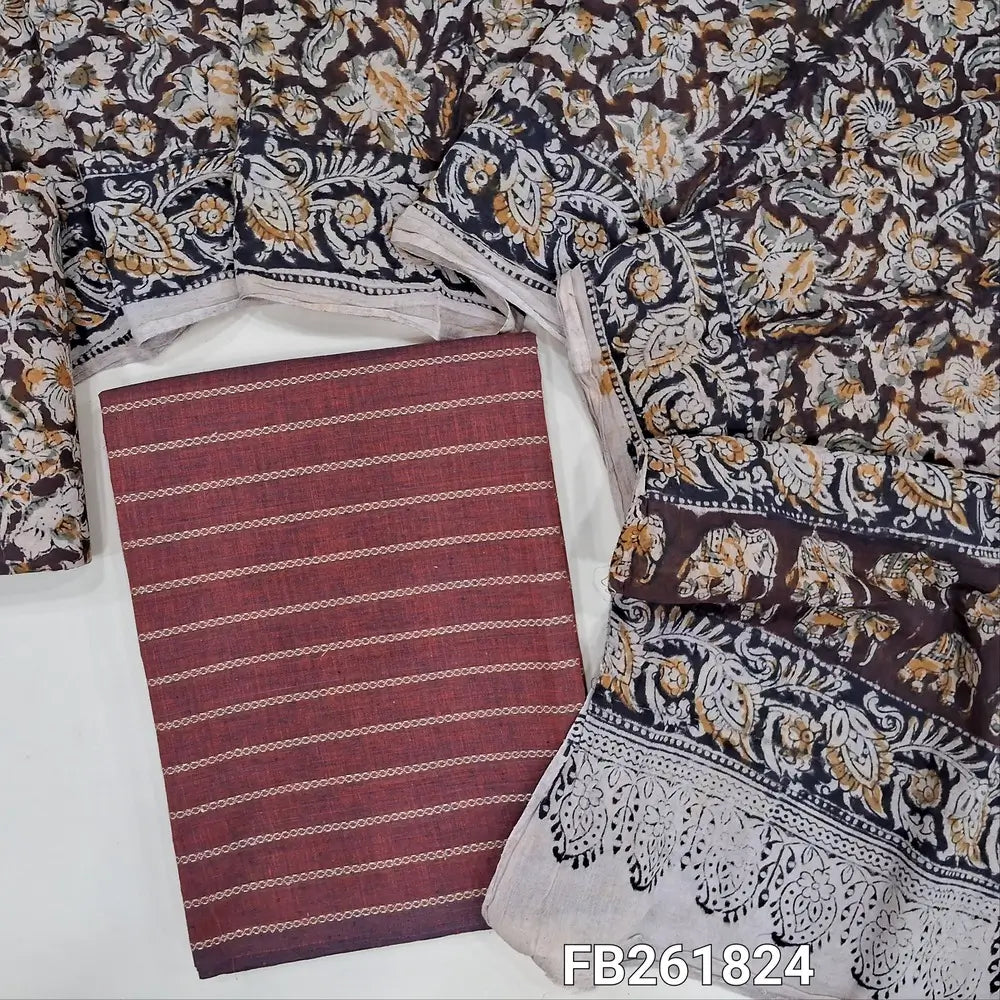 Dark maroon south handloom cotton unstitched salwar material(lining optional )vertical weaving all over,kalamkari hand block printed cotton bottom,kalamkari hand block printed pure cotton dupatta.FB261824