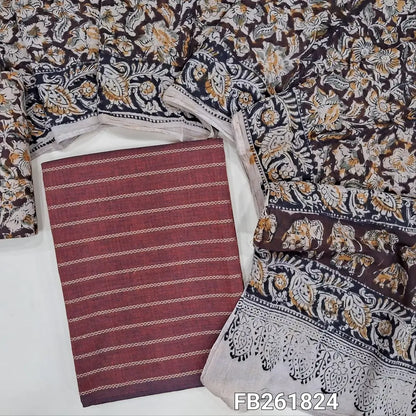 Dark maroon south handloom cotton unstitched salwar material(lining optional )vertical weaving all over,kalamkari hand block printed cotton bottom,kalamkari hand block printed pure cotton dupatta.FB261824