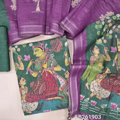 Digital printed dark green premium soft silk cotton unstitched salwar material (light weight, lining needed) colorful print on daman,matching silk cotton bottom,digital printed full length dual shade silk cotton dupatta. FB261903