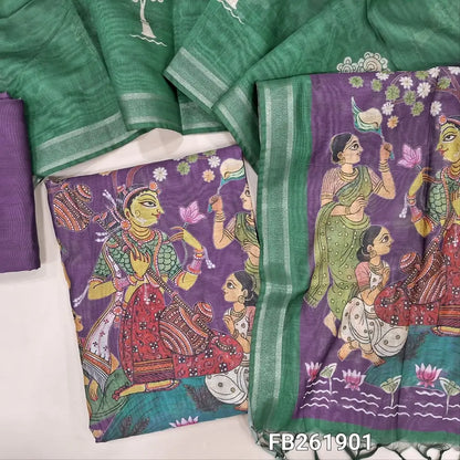 Digital printed purple premium soft silk cotton unstitched salwar material (light weight, lining needed) colorful print on daman,matching silk cotton bottom,digital printed full length dual shade silk cotton dupatta. FB261901