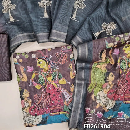 Digital printed Brown premium soft silk cotton unstitched salwar material (light weight, lining needed) colorful print on daman,matching silk cotton bottom,digital printed full length dual shade silk cotton dupatta. FB261904