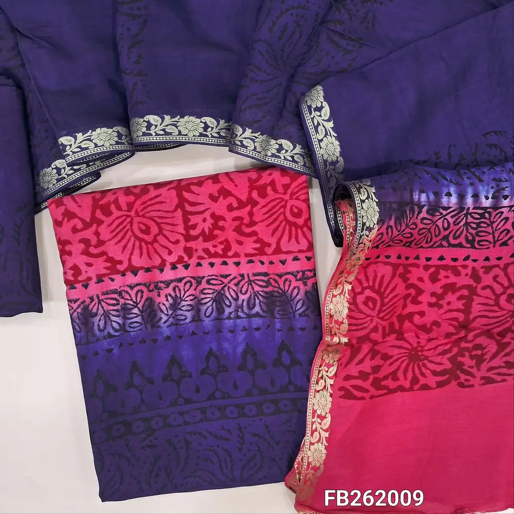 Dark pink& dark blue uppada silk unstitched salwar material (lining needed)hand block printed allover, santoon bottom, hand block printed uppada silk dupatta. TAPING NEEDED(over lapping of prints not consider as a defect. FB262009