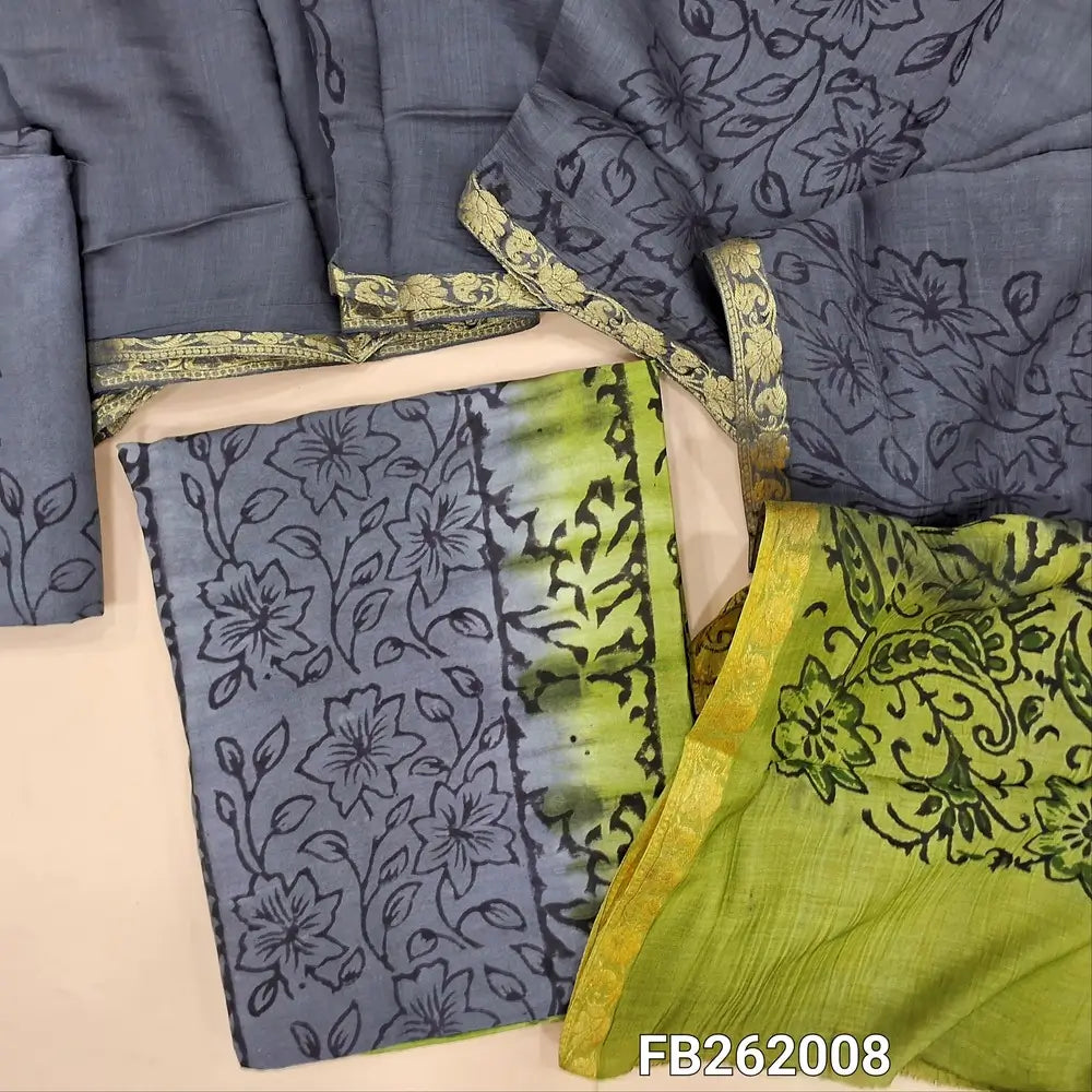 Grey & green uppada silk unstitched salwar material (lining needed)hand block printed allover, panel design,santoon bottom, hand block printed uppada silk dupatta. TAPING NEEDED(over lapping of prints not consider as a defect. FB262008