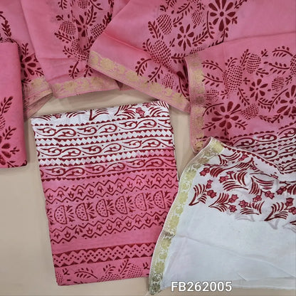 Pastel pink& white uppada silk unstitched salwar material (lining needed)hand block printed allover, santoon bottom, hand block printed uppada silk dupatta.TAPING NEEDED(over lapping of prints not consider as a defect. FB262005