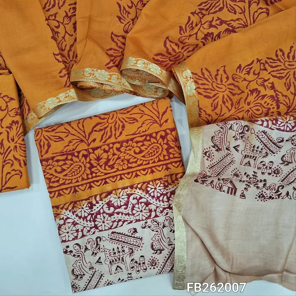 Orange & beige uppada silk unstitched salwar material (lining needed)hand block printed allover, santoon bottom, hand block printed uppada silk dupatta.TAPING NEEDED(over lapping of prints not consider as a defect. FB262007