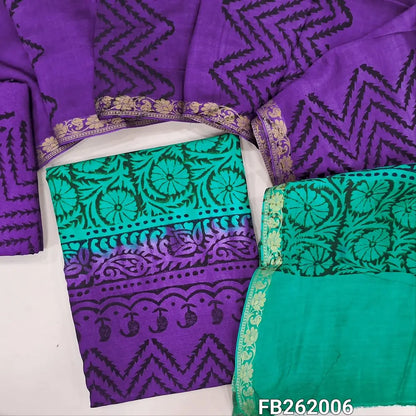 Violet & turquoise green uppada silk unstitched salwar material (lining needed)hand block printed allover, santoon bottom, hand block printed uppada silk dupatta.TAPING NEEDED(over lapping of prints not consider as a defect. FB262006
