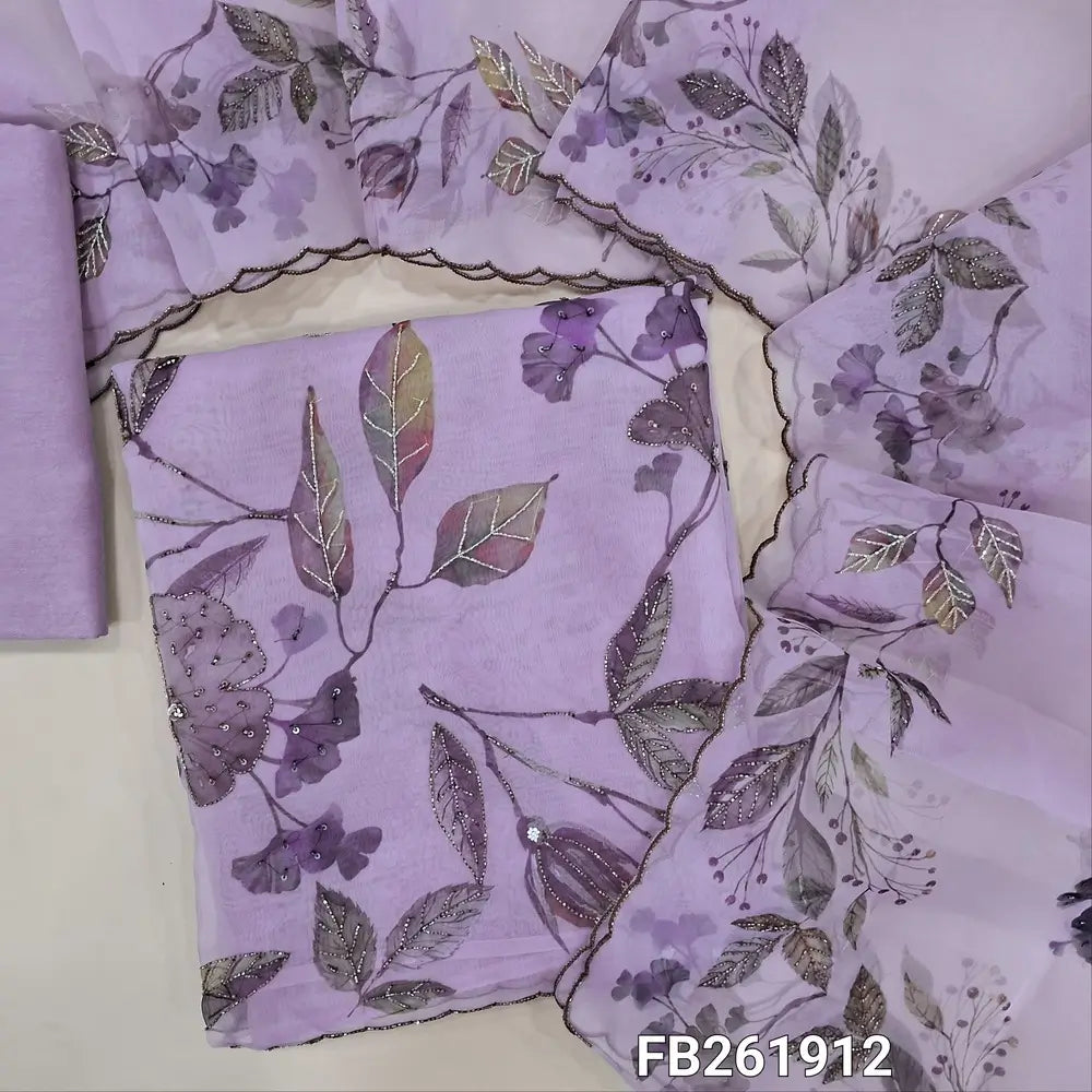 Lavender premium organza unstitched salwar material, (thin, lining needed)floral printed on front, rich handwork, sequins and sugar bead on daman, matching santoon bottom, printed and rich bead work on organza dupatta with bead borders. Fb261912