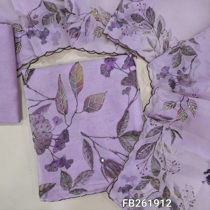 Lavender premium organza unstitched salwar material, (thin, lining needed)floral printed on front, rich handwork, sequins and sugar bead on daman, matching santoon bottom, printed and rich bead work on organza dupatta with bead borders. Fb261912