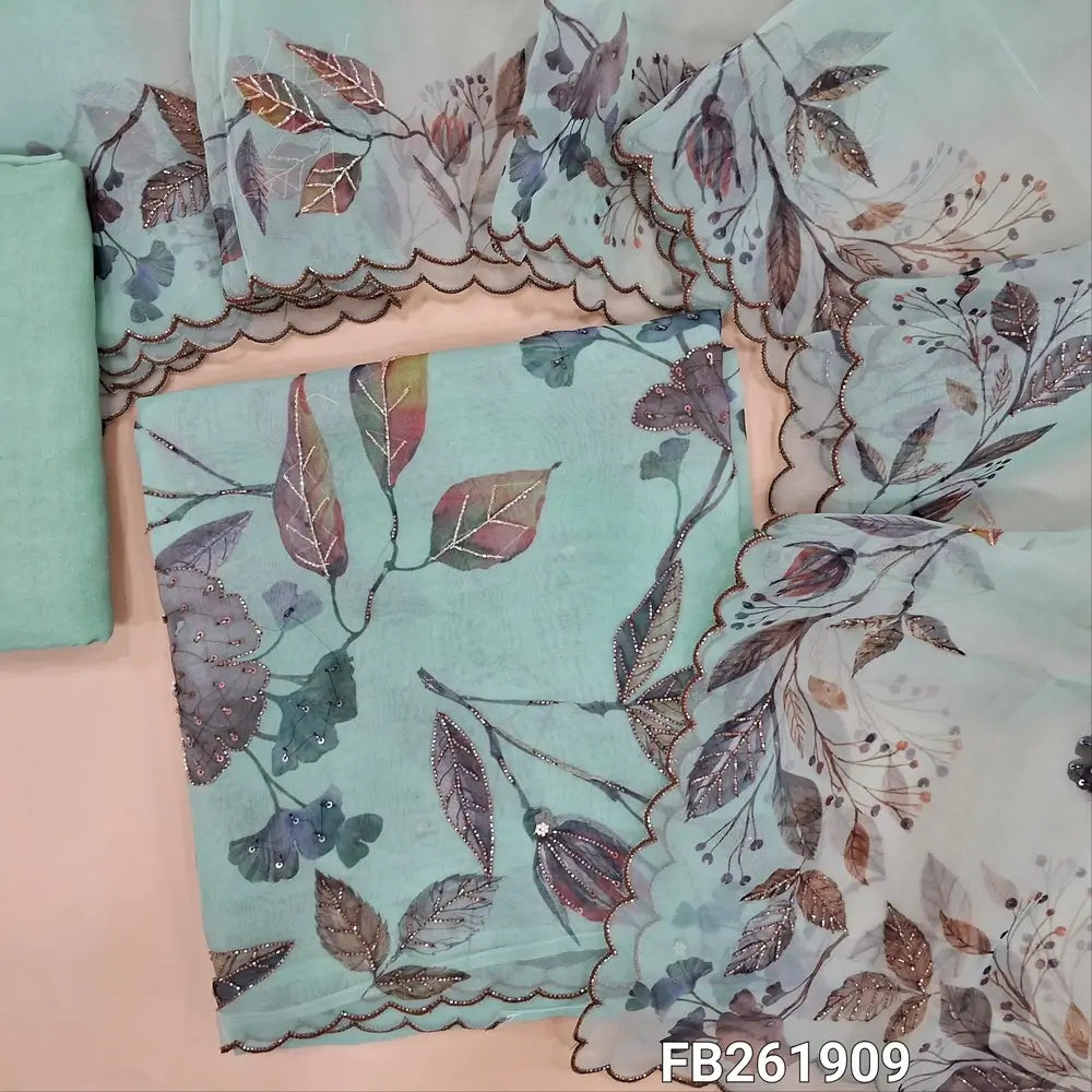 Pastel blue premium organza unstitched salwar material, (thin, lining needed)floral printed on front, rich handwork, sequins and sugar bead on daman, matching santoon bottom, printed and rich bead work on organza dupatta with bead borders. Fb261909