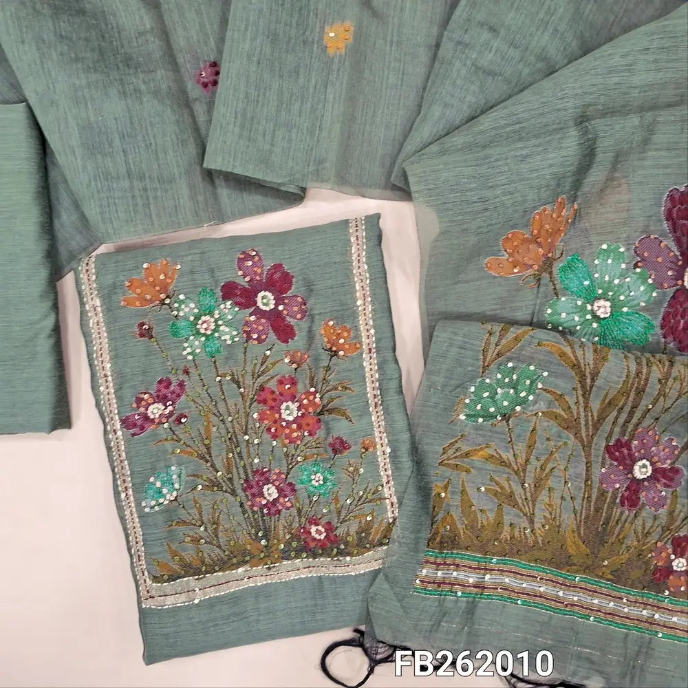 Sage green jamdani woven premium silk cotton unstitched salwar material(lining needed)jamdani weaving yoke with kantha stitch and sequins work,hand work on daman,silk cotton bottom, jamdani woven silk cotton dupatta with rich pallu and tassels. FB262010