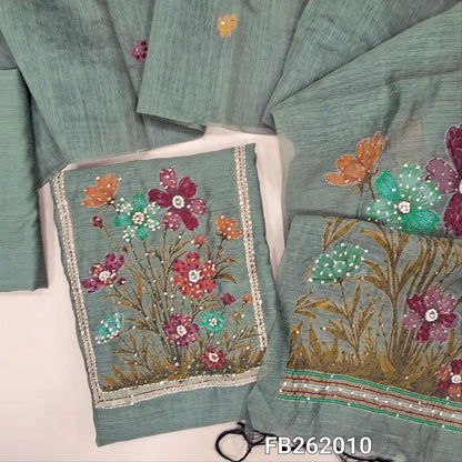 Sage green jamdani woven premium silk cotton unstitched salwar material(lining needed)jamdani weaving yoke with kantha stitch and sequins work,hand work on daman,silk cotton bottom, jamdani woven silk cotton dupatta with rich pallu and tassels. FB262010