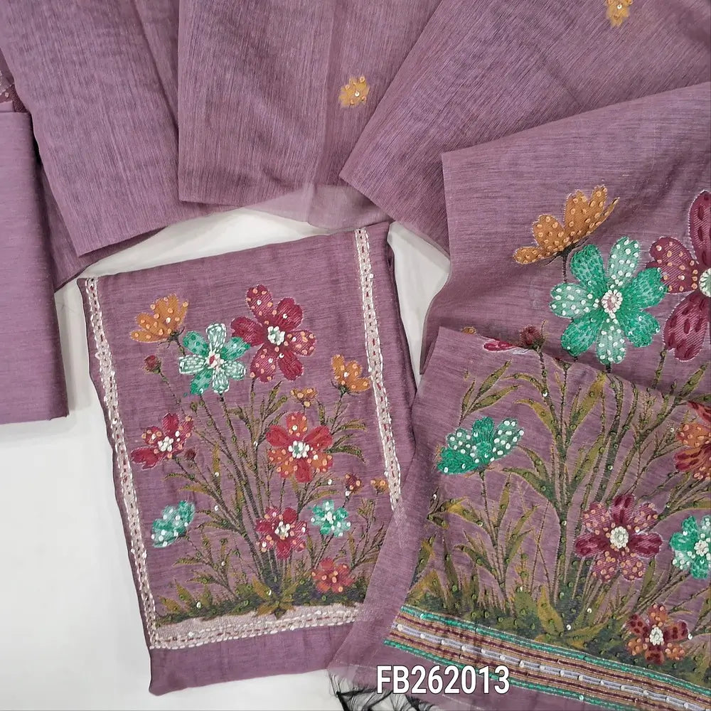 Dark onion pink jamdani woven premium silk cotton unstitched salwar material(lining needed)jamdani weaving yoke with kantha stitch and sequins work,hand work daman,silk cotton bottom, jamdani woven silk cotton dupatta with rich pallu and tassels. FB262013