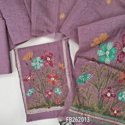Dark onion pink jamdani woven premium silk cotton unstitched salwar material(lining needed)jamdani weaving yoke with kantha stitch and sequins work,hand work daman,silk cotton bottom, jamdani woven silk cotton dupatta with rich pallu and tassels. FB262013