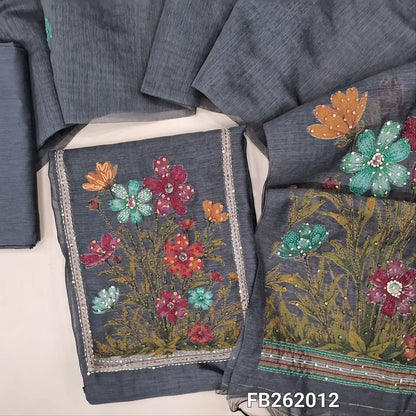 Dark grey jamdani woven premium silk cotton unstitched salwar material(lining needed)jamdani weaving yoke with kantha stitch and sequins work,hand work on daman,silk cotton bottom, jamdani woven silk cotton dupatta with rich pallu and tassels.FB262012
