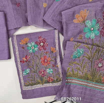 Dark mauve jamdani woven premium silk cotton unstitched salwar material(lining needed)jamdani weaving yoke with kantha stitch and sequins work,hand work on daman,silk cotton bottom, jamdani woven silk cotton dupatta with rich pallu and tassels. FB262011