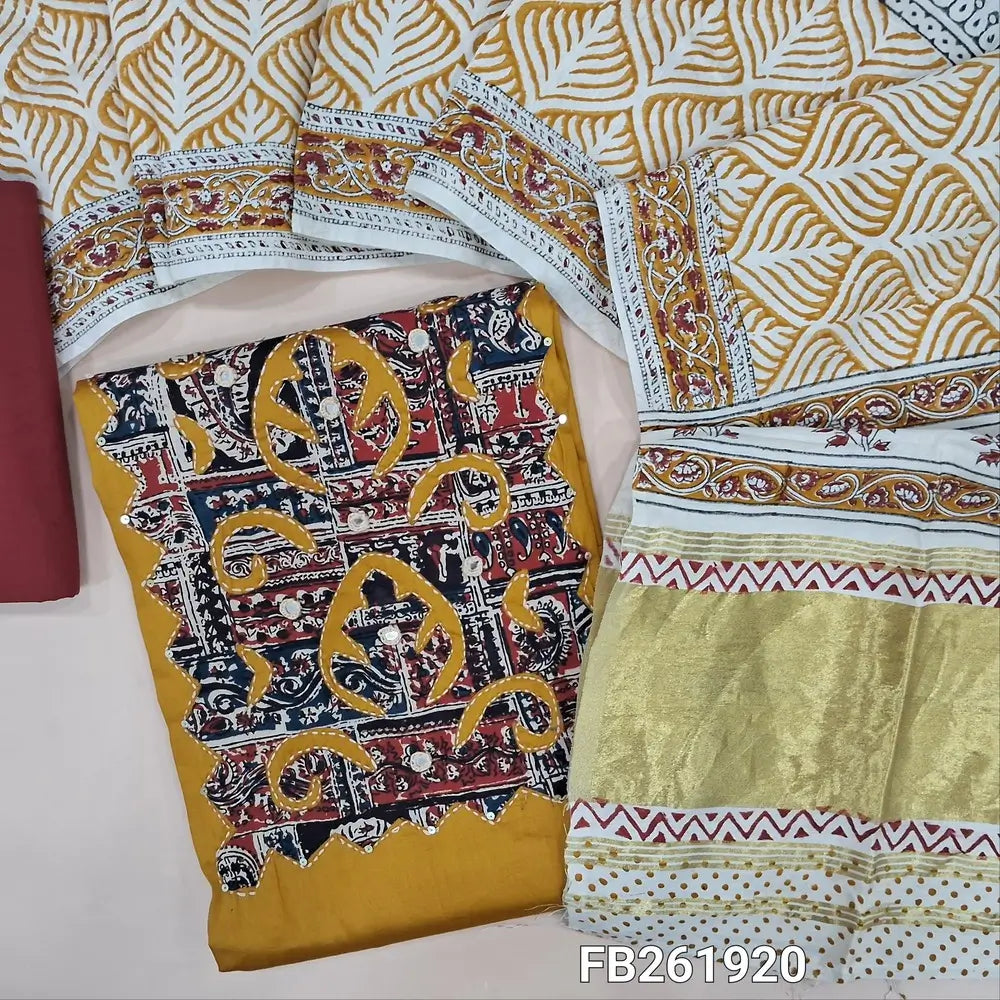 Mehandhi yellow satin cotton unstitched salwar material,(lining optional) applique work, real mirror and kantha stitch work on yoke, maroon cotton bottom, hand block printed soft silk cotton dupatta with gold tissue pallu. FB261920