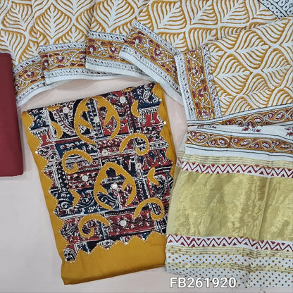 Mehandhi yellow satin cotton unstitched salwar material,(lining optional) applique work, real mirror and kantha stitch work on yoke, maroon cotton bottom, hand block printed soft silk cotton dupatta with gold tissue pallu. FB261920