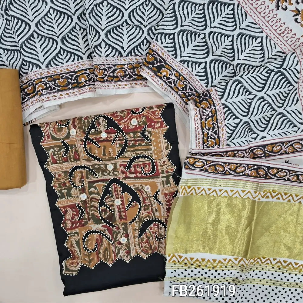 Black satin cotton unstitched salwar material,(lining optional) applique work, real mirror and kantha stitch work on yoke, sand brown cotton bottom, hand block printed soft silk cotton dupatta with gold tissue pallu. FB261919
