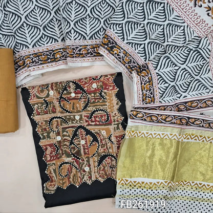 Black satin cotton unstitched salwar material,(lining optional) applique work, real mirror and kantha stitch work on yoke, sand brown cotton bottom, hand block printed soft silk cotton dupatta with gold tissue pallu. FB261919