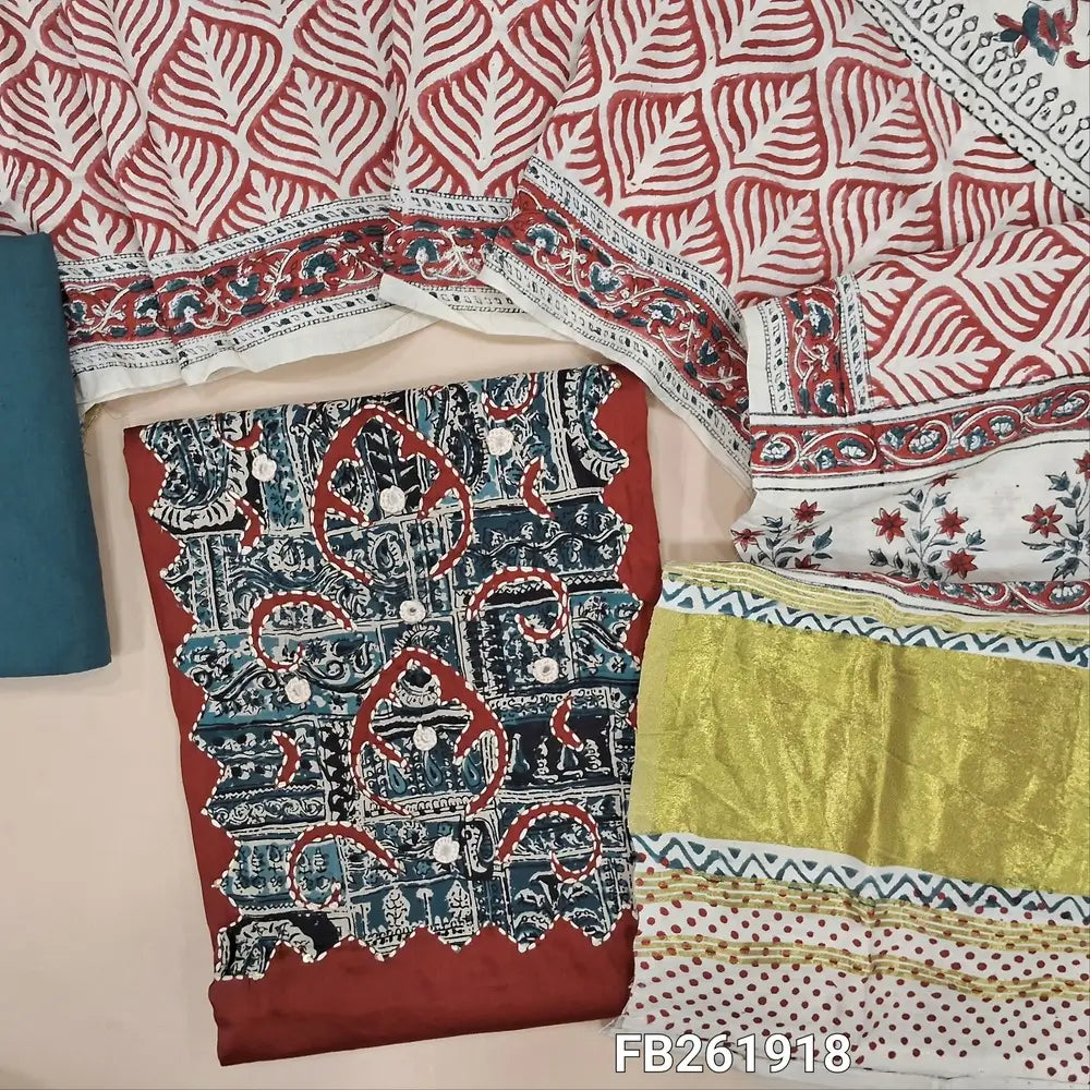 Maroon satin cotton unstitched salwar material,(lining optional) applique work, real mirror and kantha stitch work on yoke, dark blueish grey cotton bottom, hand block printed soft silk cotton dupatta with gold tissue pallu. FB261918