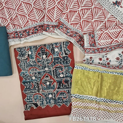 Maroon satin cotton unstitched salwar material,(lining optional) applique work, real mirror and kantha stitch work on yoke, dark blueish grey cotton bottom, hand block printed soft silk cotton dupatta with gold tissue pallu. FB261918