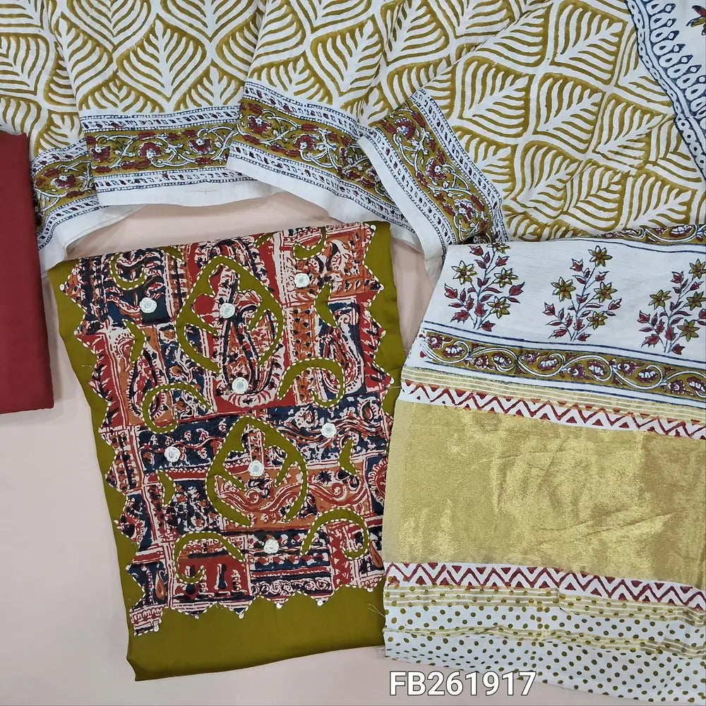 Mehandhi green satin cotton unstitched salwar material,(lining optional) applique work, real mirror and kantha stitch work on yoke, maroon cotton bottom, hand block printed soft silk cotton dupatta with gold tissue pallu. FB261917