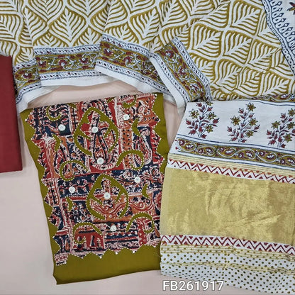 Mehandhi green satin cotton unstitched salwar material,(lining optional) applique work, real mirror and kantha stitch work on yoke, maroon cotton bottom, hand block printed soft silk cotton dupatta with gold tissue pallu. FB261917