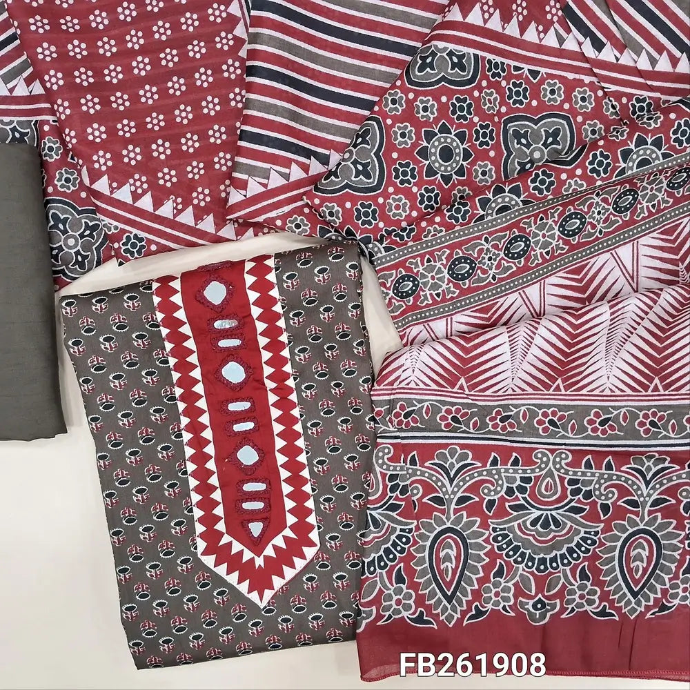 Dark brown printed satin cotton unstitched salwar material, (Lining Optional) printed and real mirror yoke,matching spun cotton bottom, printed full length pure soft mul cotton dupatta. FB261908