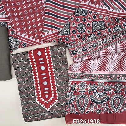 Dark brown printed satin cotton unstitched salwar material, (Lining Optional) printed and real mirror yoke,matching spun cotton bottom, printed full length pure soft mul cotton dupatta. FB261908