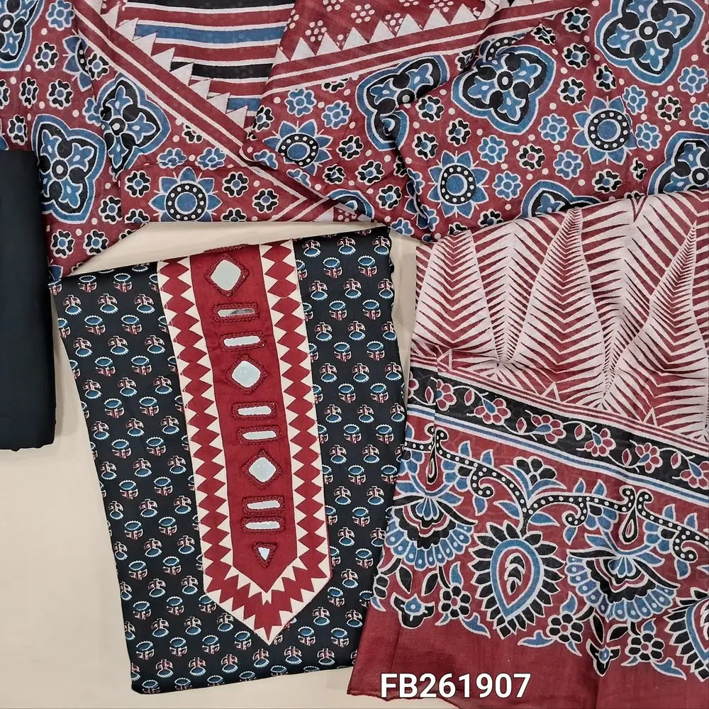 Black printed satin cotton unstitched salwar material, (Lining Optional) printed and real mirror yoke,matching spun cotton bottom, printed full length pure soft mul cotton dupatta. FB261907