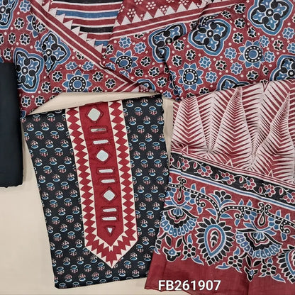 Black printed satin cotton unstitched salwar material, (Lining Optional) printed and real mirror yoke,matching spun cotton bottom, printed full length pure soft mul cotton dupatta. FB261907