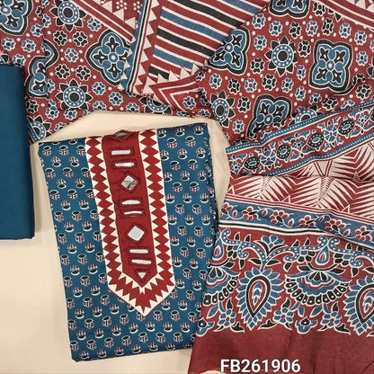 Indigo blue printed satin cotton unstitched salwar material, (Lining Optional) printed and real mirror yoke,matching spun cotton bottom, printed full length pure soft mul cotton dupatta. FB261906