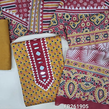 Mehandhi yellow printed satin cotton unstitched salwar material, (Lining Optional) printed and real mirror yoke,matching spun cotton bottom, printed full length pure soft mul cotton dupatta. FB261905