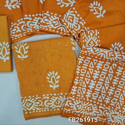 Mehandhi yellow schiffli embroidered pure cotton unstitched salwar material(lining needed) wax batik dyed allover, batik dyed cotton bottom, batik dyed full length pure soft cotton dupatta. FB261915