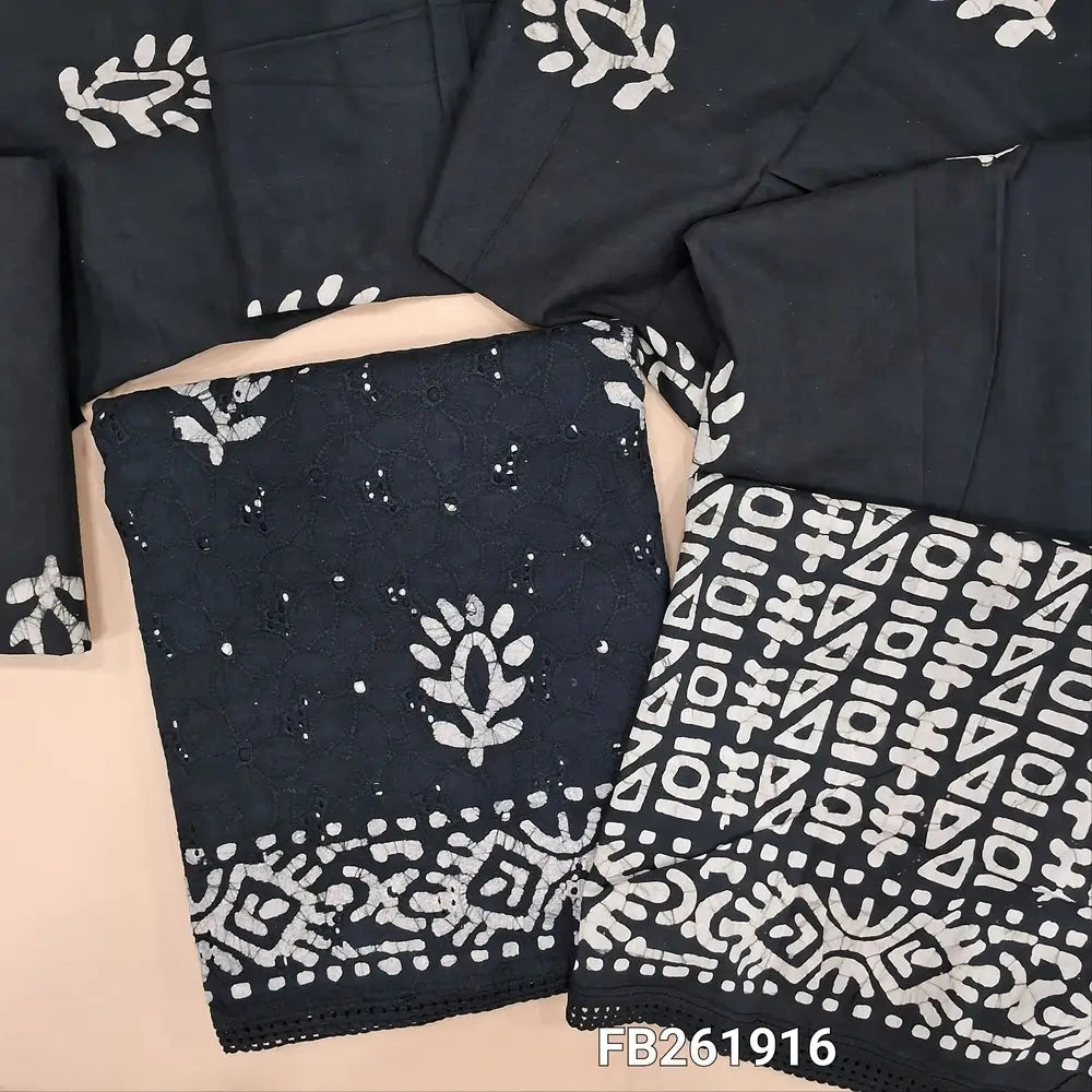 Black schiffli embroidered pure cotton unstitched salwar material(lining needed) wax batik dyed allover, batik dyed cotton bottom, batik dyed full length pure soft cotton dupatta. FB261916