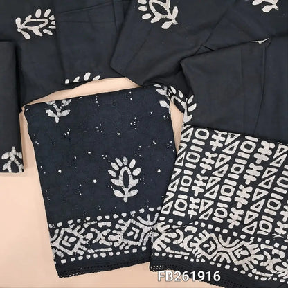 Black schiffli embroidered pure cotton unstitched salwar material(lining needed) wax batik dyed allover, batik dyed cotton bottom, batik dyed full length pure soft cotton dupatta. FB261916