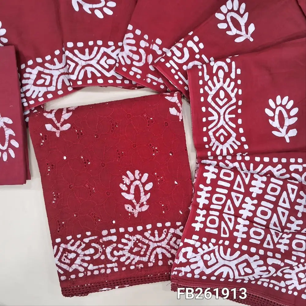 Bright reddish maroon schiffli embroidered pure cotton unstitched salwar material(lining needed) wax batik dyed allover, batik dyed cotton bottom, batik dyed full length pure soft cotton dupatta. FB261913