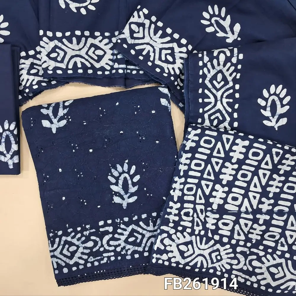 Dark blue schiffli embroidered pure cotton unstitched salwar material(lining needed) wax batik dyed allover, batik dyed cotton bottom, batik dyed full length pure soft cotton dupatta. FB261914