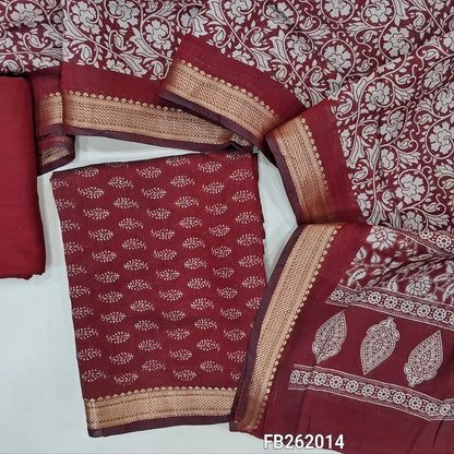 Dark maroon Printed soft silk cotton unstitched salwar material (lining needed) nizam borders on daman, matching spun cotton bottom, floral printed full length silk cotton dupatta with borders. FB262014