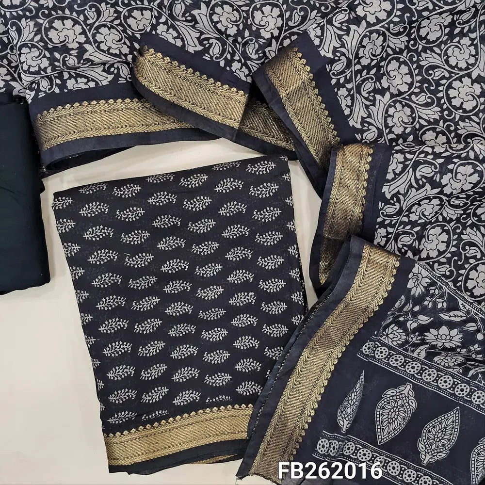 Black Printed soft silk cotton unstitched salwar material (lining needed) nizam borders on daman, matching spun cotton bottom, floral printed full length silk cotton dupatta with borders. FB262016