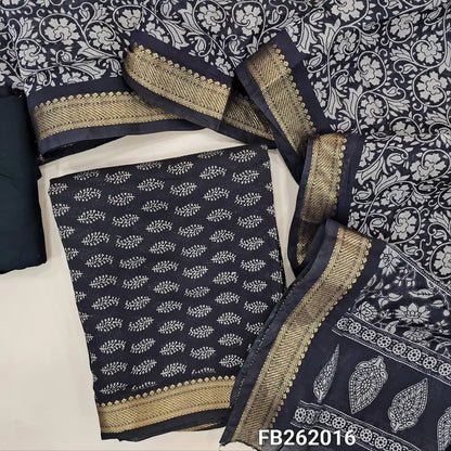 Black Printed soft silk cotton unstitched salwar material (lining needed) nizam borders on daman, matching spun cotton bottom, floral printed full length silk cotton dupatta with borders. FB262016