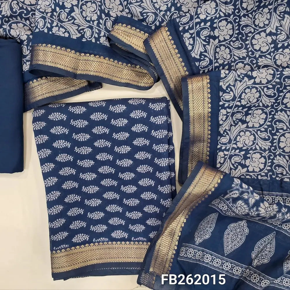 Dark blue Printed soft silk cotton unstitched salwar material (lining needed) nizam borders on daman, matching spun cotton bottom, floral printed full length silk cotton dupatta with borders. FB262015